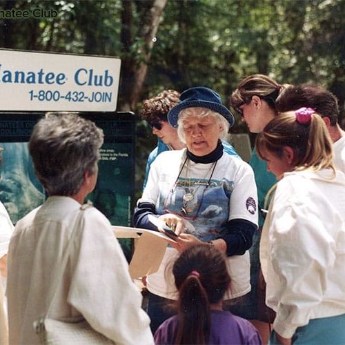 Helen Spivey, known affectionately as "The Manatee Lady," educates visitors at Ellie Schiller Homosassa Springs Wildlife State Park.