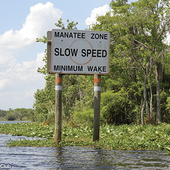 A regulatory sign indicates that the waterway is a manatee zone and that boats should proceed slowly, with the vessel settled completely in the water and producing a minimal wake.